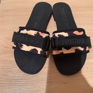 Christian Dior Leopard Print Slide Sandals - Black & Peach